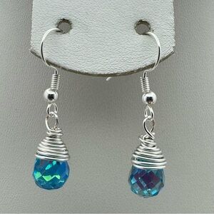 Handcrafted Silver Plated Wire Wrapped Blue Crystal Teardrop Earrings New
